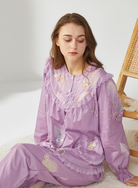 欣琦丝长袖睡衣女梭织纯棉清新可爱印花高级感家居服可外穿22119