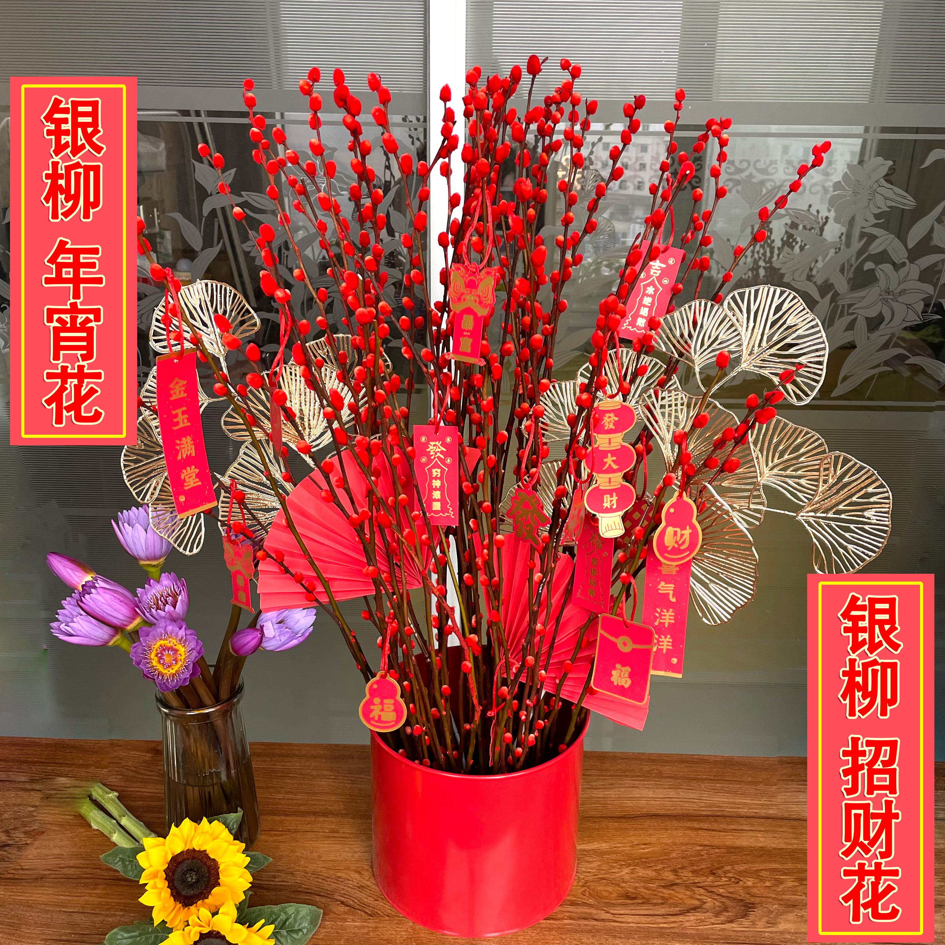 银柳真花鲜枝年宵干花卉水培植物室内红色福桶春节插花客厅招财花