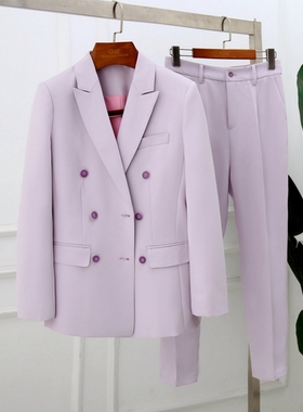 特价 淡紫色双排扣西装套装女修身OL通勤高级感西服西裤