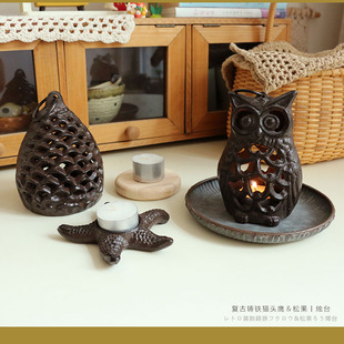 猫头鹰&松果铸铁烛灯丨复古铁艺海星蜡烛台田园装饰摆件蜡烛灯台