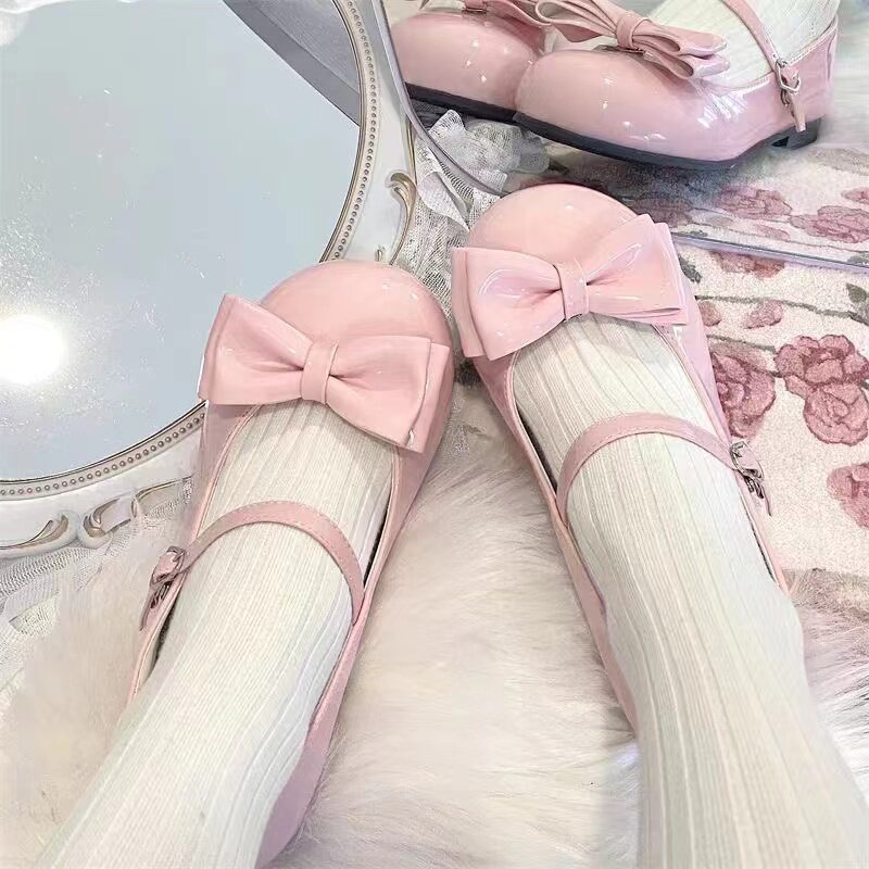 lolita可爱蝴蝶结低跟圆头lo鞋女2024新款jk制服百搭玛丽珍小皮鞋