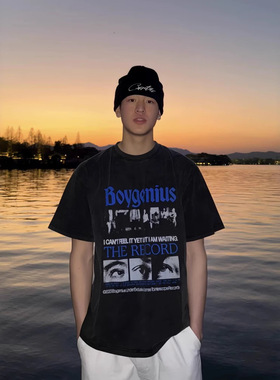 VIBE ACW水洗做旧炒色人像标语印花黑色纯棉vintage圆领男短袖T恤