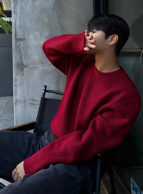 VIBE ACW简约风圆领套头毛衣男冬季宽松保暖纯色打底针织衫韩系潮