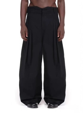 VIBE ACW26新款老钱风简约黑色休闲宽松百搭弯刀长裤褶皱西裤男士