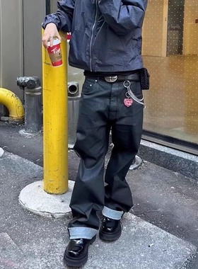 VIBE ACW潮牌刷蜡蜡男女同款休闲宽松百搭裤子黑色直筒涂层牛仔裤