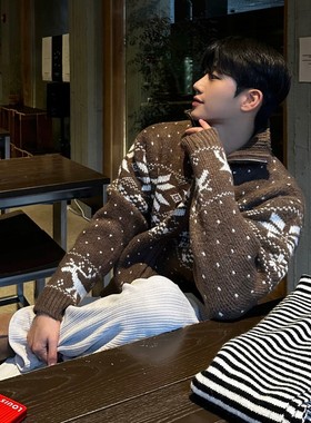 VIBE ACW费尔岛设计感撞色开衫毛衣男士冬季宽松双拉链针织外套潮