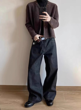 VIBE ACW黑色赤耳窄幅红边原牛直筒微喇阔腿A字重磅水洗牛仔裤男