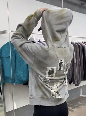 ERD GFCK美式潮牌男士风格贴布绣花做旧破坏泥染连帽拉链卫衣外套