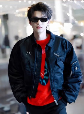 Thug club美式重磅何浩楠同款加厚Bomber宽松飞行夹克棉服外套男