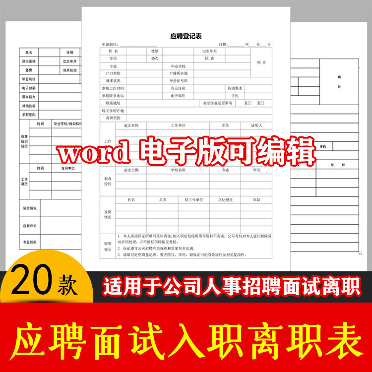 员工面试应聘登记表模板公司企业招聘入职离职申请word电子版表格