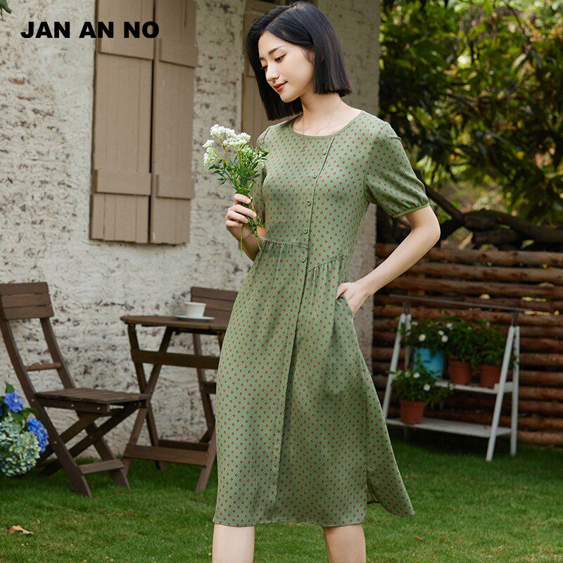 简爱诺夏季新品绿色波点真丝印花裙桑蚕丝圆领连衣裙J2410254LQ