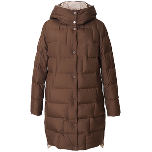 简爱诺冬季新款白鹅绒服深咖色中长款保暖连帽羽绒服女J2270026YR