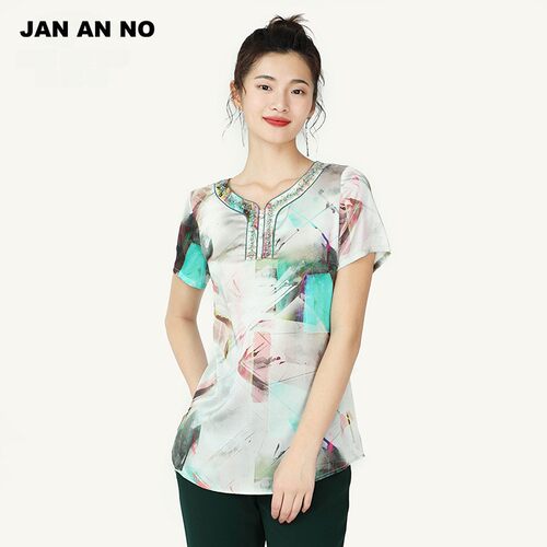 JAN AN NO简爱诺夏季短袖真丝缎手工钉珠优雅上衣女J910179SY