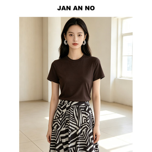 JAN AN NO 简爱诺百搭休闲棕色圆领短袖T恤夏季新款J2620154TX