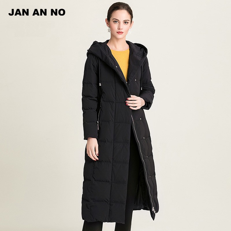 简爱诺黑色显瘦中长款连帽加厚保暖羽绒服外套女士冬季J870059YR