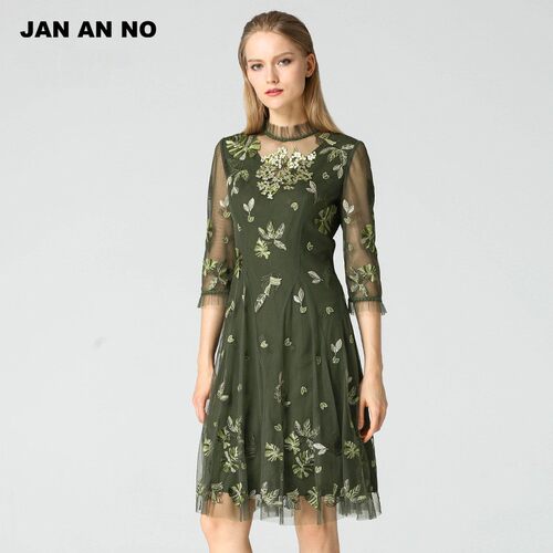 JAN AN NO简爱诺春季浪漫网纱刺绣花边领收腰散摆连衣裙J860029LQ