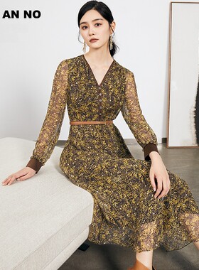 JAN AN NO 简爱诺优雅气质桑蚕丝真丝印花连衣裙女春季J2260003LQ