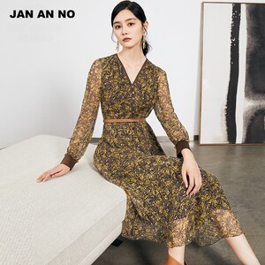 JAN AN NO 简爱诺优雅气质桑蚕丝真丝印花连衣裙女春季J2260003LQ