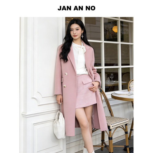 JAN AN NO简爱诺春新款粉色100%绵羊毛大衣中长款外套J2610290DY