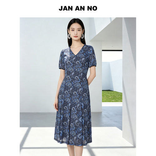 JAN AN NO 简爱诺典雅气质收腰V领短袖连衣裙夏季新款J2620106LQ