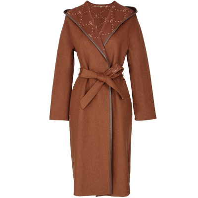 简爱诺秋冬毛呢外套100%绵羊毛焦糖色连帽长款大衣女士J2160106DY