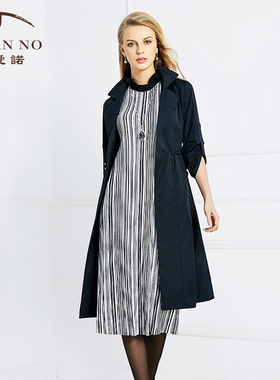 JAN AN NO简爱诺春秋蓝色修身干练长款风衣外套女J770027FY