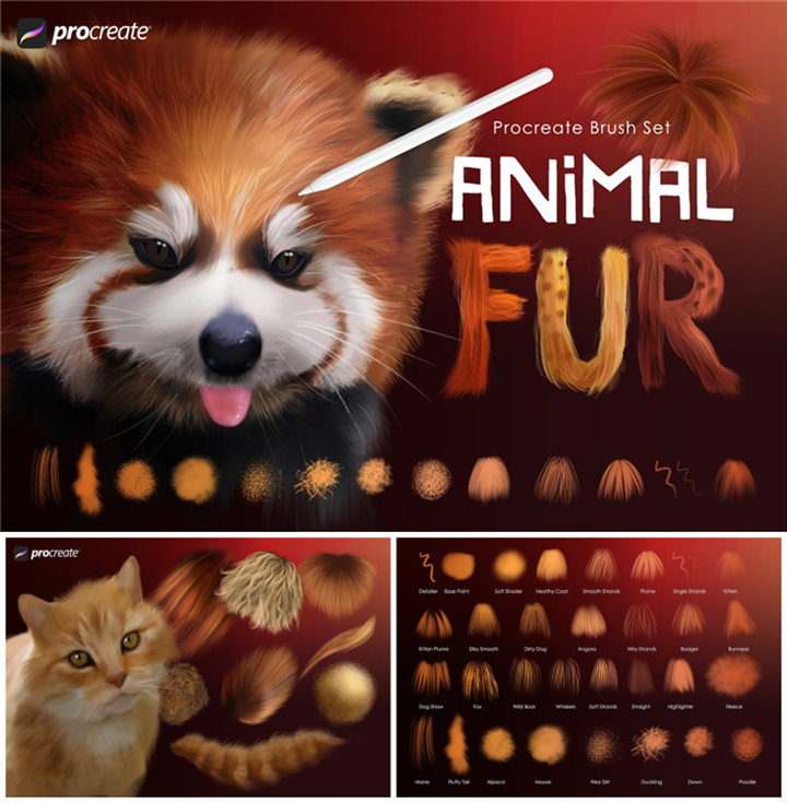 [68]Procreate插画绘画设计素材 32个动物毛发纹理创作笔刷插件