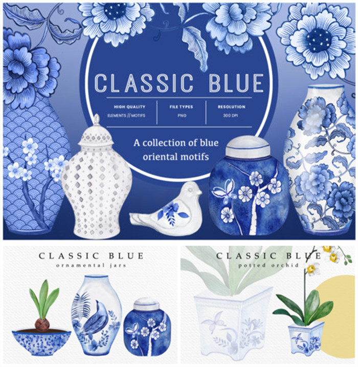 P0541高清PS设计素材 靛蓝青花瓷复古陶瓷花盆水彩花鸟装饰图PNG