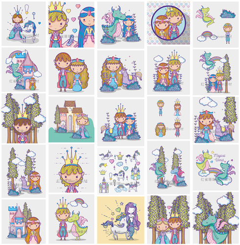 A0909矢量AI设计素材 卡通城堡公主王子魔法恐龙独角兽插画