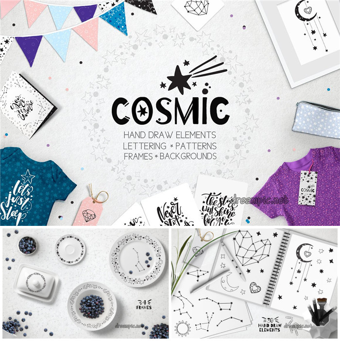 A0237矢量AI设计素材 手绘宇宙星空太阳月亮星系线条星座插画+png