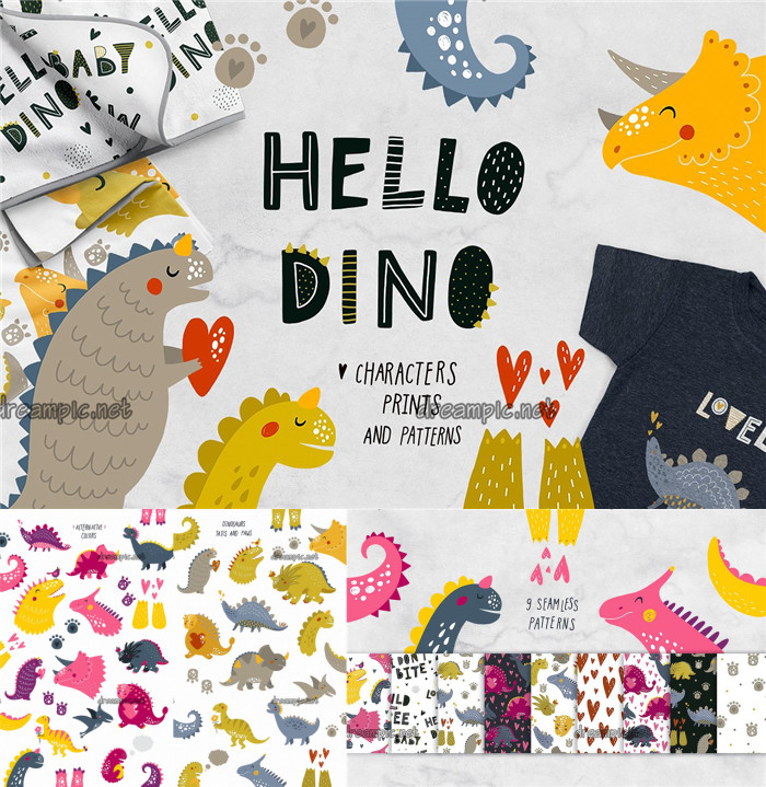 [764]AI矢量设计素材 可爱小恐龙印花插画背景图纹理含png