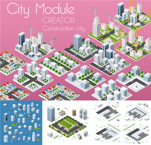 [717]AI矢量设计素材 扁平化城市建筑景观立体轴测图场景创建图标