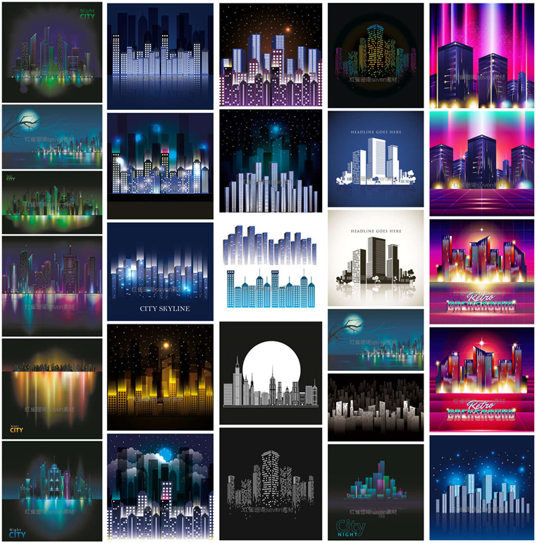 A0229矢量AI设计素材 28张夜晚的城市建筑天际线灯光剪影背景图