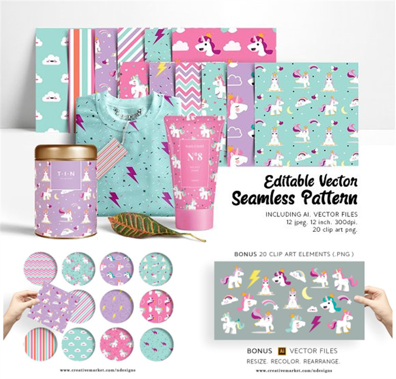 [671]AI矢量设计素材 卡通可爱独角兽儿童T恤印花四方连续纹样