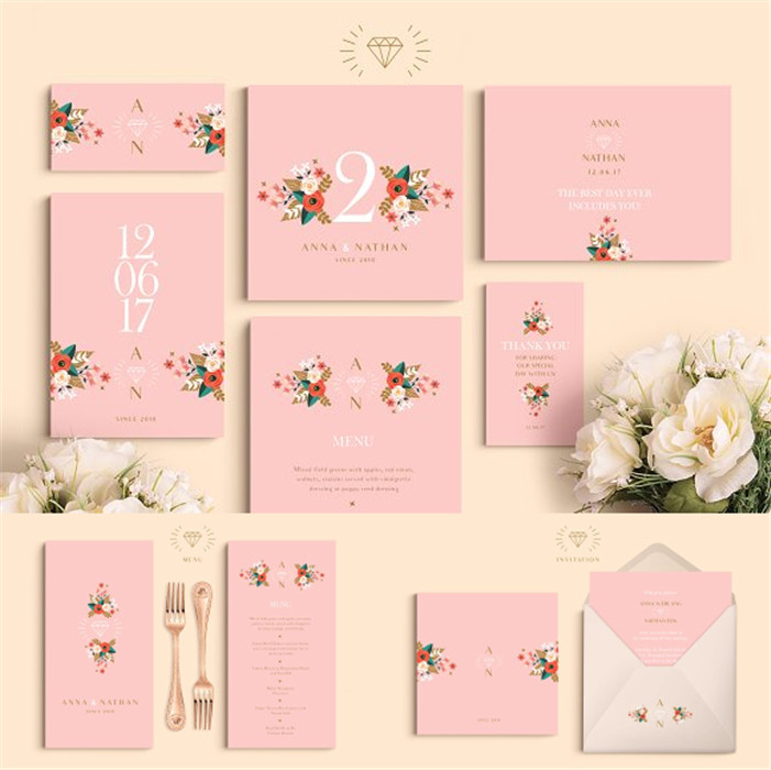 [705]AI矢量设计素材 唯美粉色花朵婚礼请柬水牌菜单餐牌VI模板
