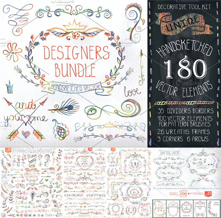 [783]矢量AI设计素材手绘彩色铅笔花纹涂鸦花边箭头蕾丝花角含png