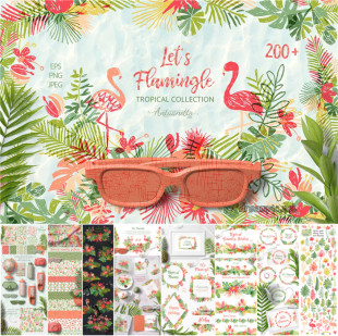 A0885矢量AI设计素材水彩热带植物火烈鸟棕榈LOGO背景花边印花PNG