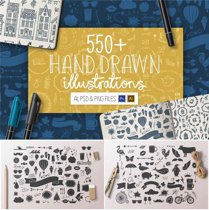 A0092矢量AI设计素材 550个手绘插画简笔画线条图+ps形状插件