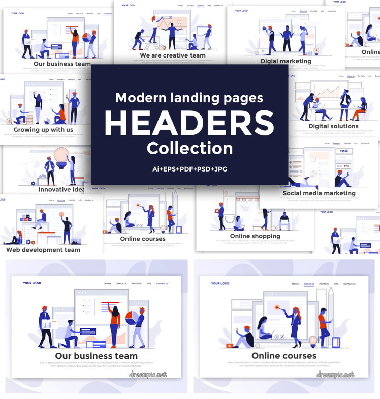 A0199矢量AI设计素材 扁平化商务互联网在线UI人物插画banner+psd