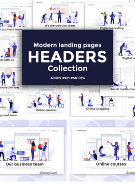 A0199矢量AI设计素材 扁平化商务互联网在线UI人物插画banner+psd