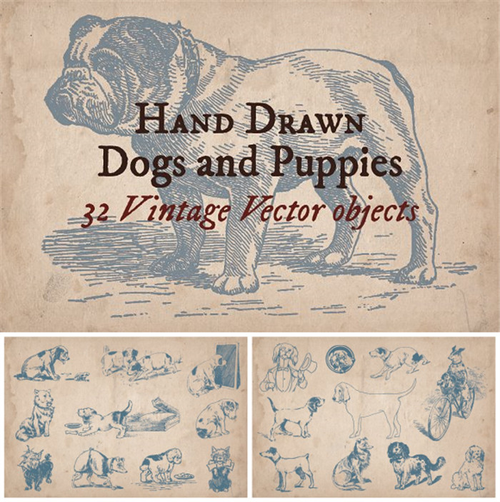 [610]AI矢量设计素材 32个复古手绘狗狗插画线稿图