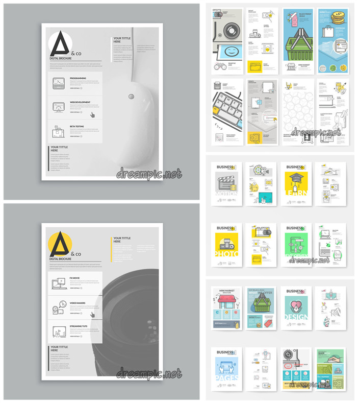 [608]AI矢量设计素材 扁平化商务风格宣传册海报图标版式设计模板