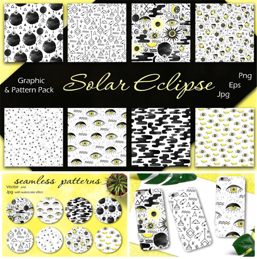 [663]AI矢量设计素材 抽象太阳星星月亮符号四方连续印花包装图