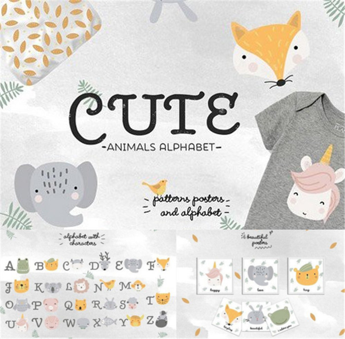 [623]AI矢量设计素材 卡通可爱动物头像英文字母儿童印花包装模板