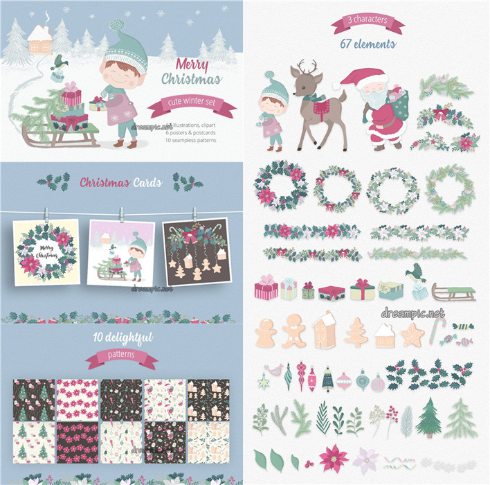 [738]AI矢量设计素材 卡通圣诞节麋鹿姜饼人圣诞树卡片印花含PNG