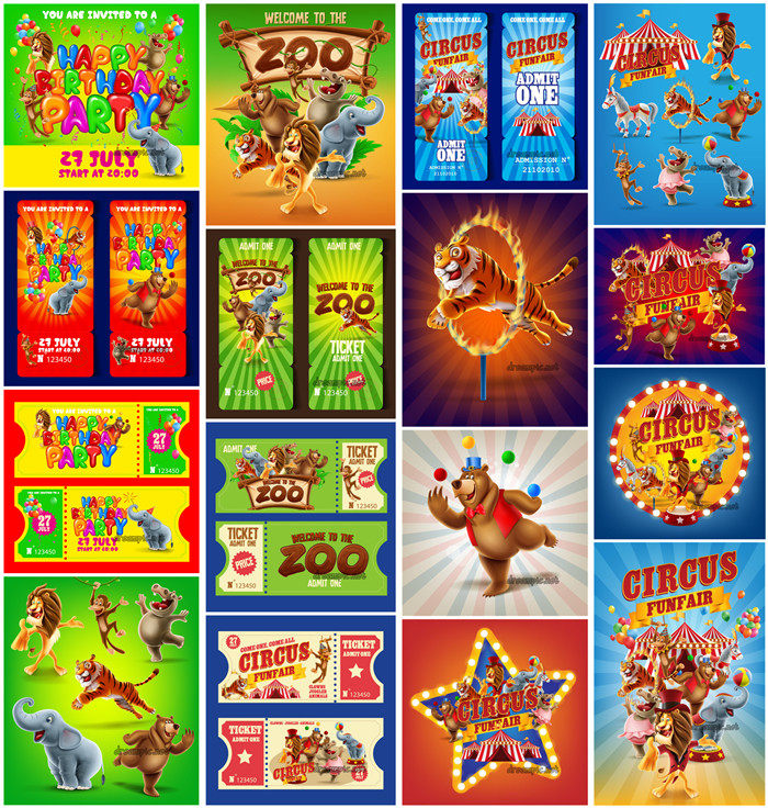 [620]AI矢量设计素材 卡通动物园马戏团门票背景板老虎熊大象插画