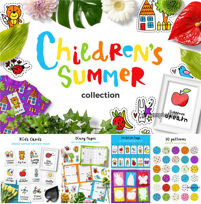 A0230矢量AI设计素材 手绘儿童卡通蜡笔简笔画日程表印花背景+png