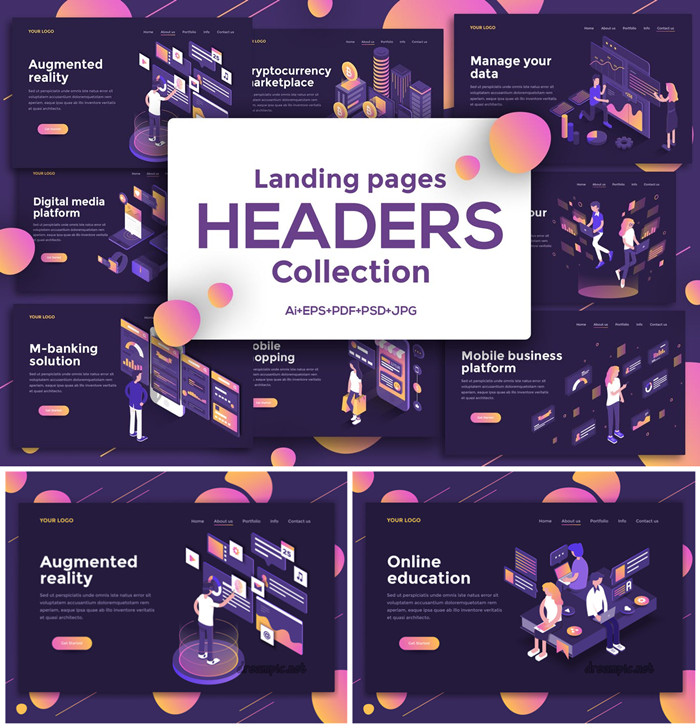 A0360矢量AI设计素材 扁平化轴测图风格互联网商务人物网页UI界面