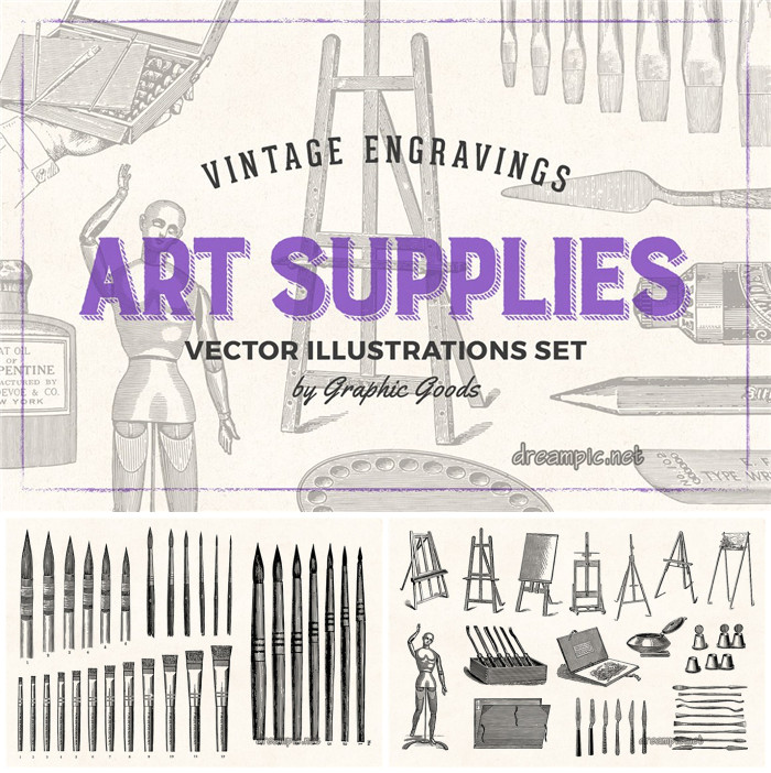 [740]AI矢量设计素材复古版画美术用品画笔颜料写生雕刻线稿含PNG