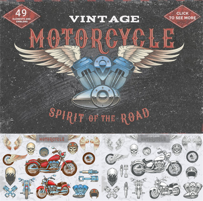 [757]AI矢量设计素材复古哥特摇滚风格摩托车手logo印花标签含PNG